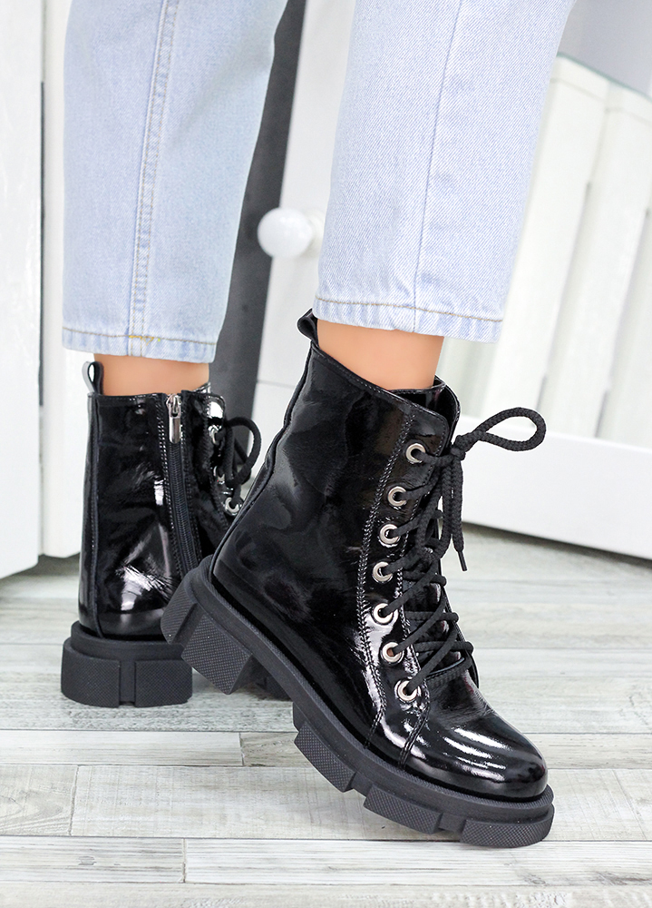 Ботинки берцы женские лак кожа черные 7458-28