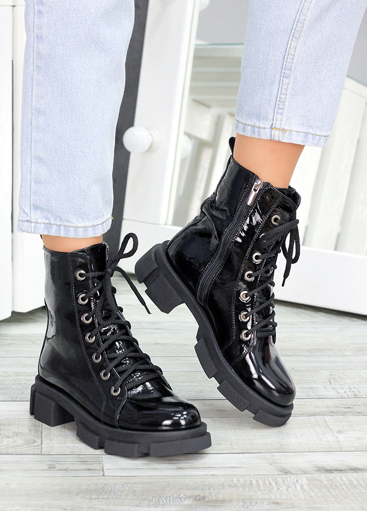 Ботинки берцы женские лак кожа черные 7458-28