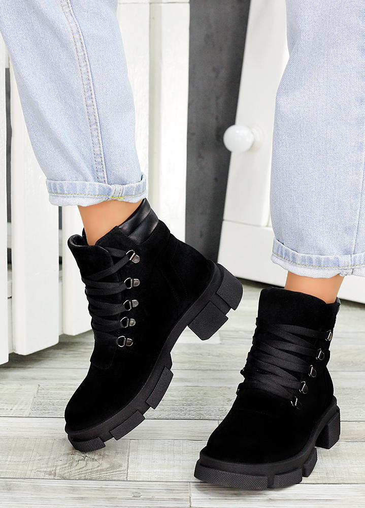 Ботинки трапперы женские замшевые черные7502-28