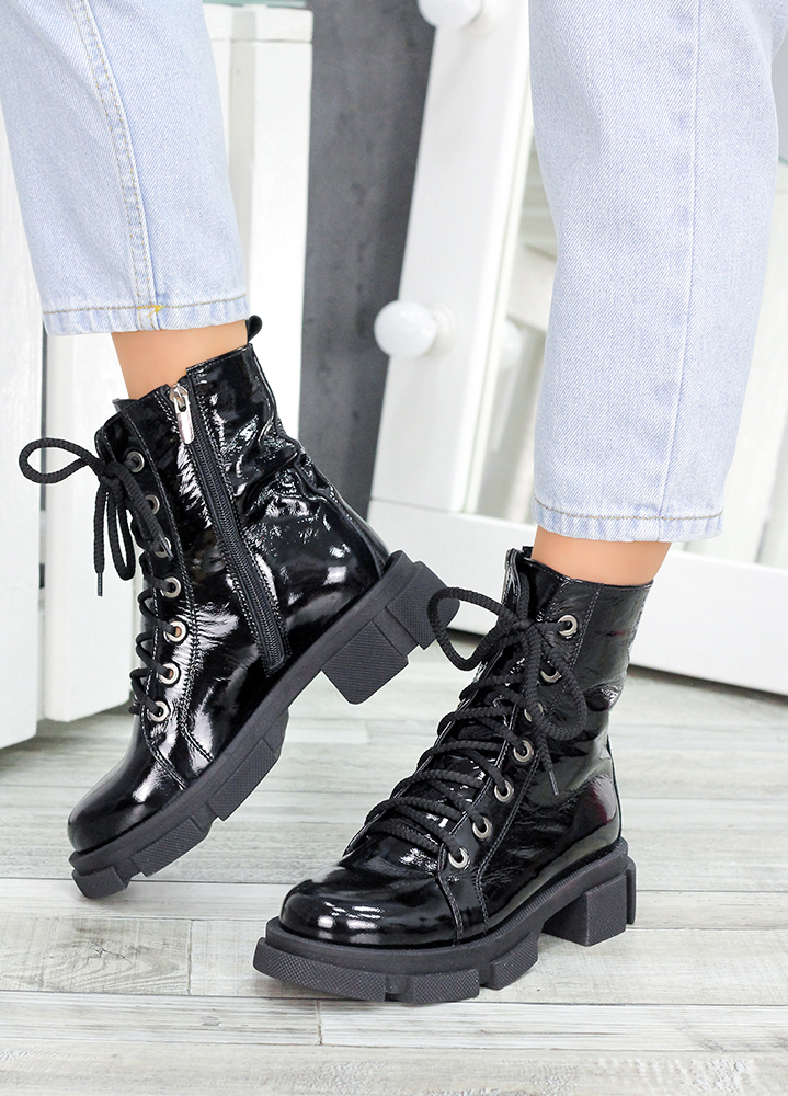 Ботинки берцы женские лак кожа черные 7458-28