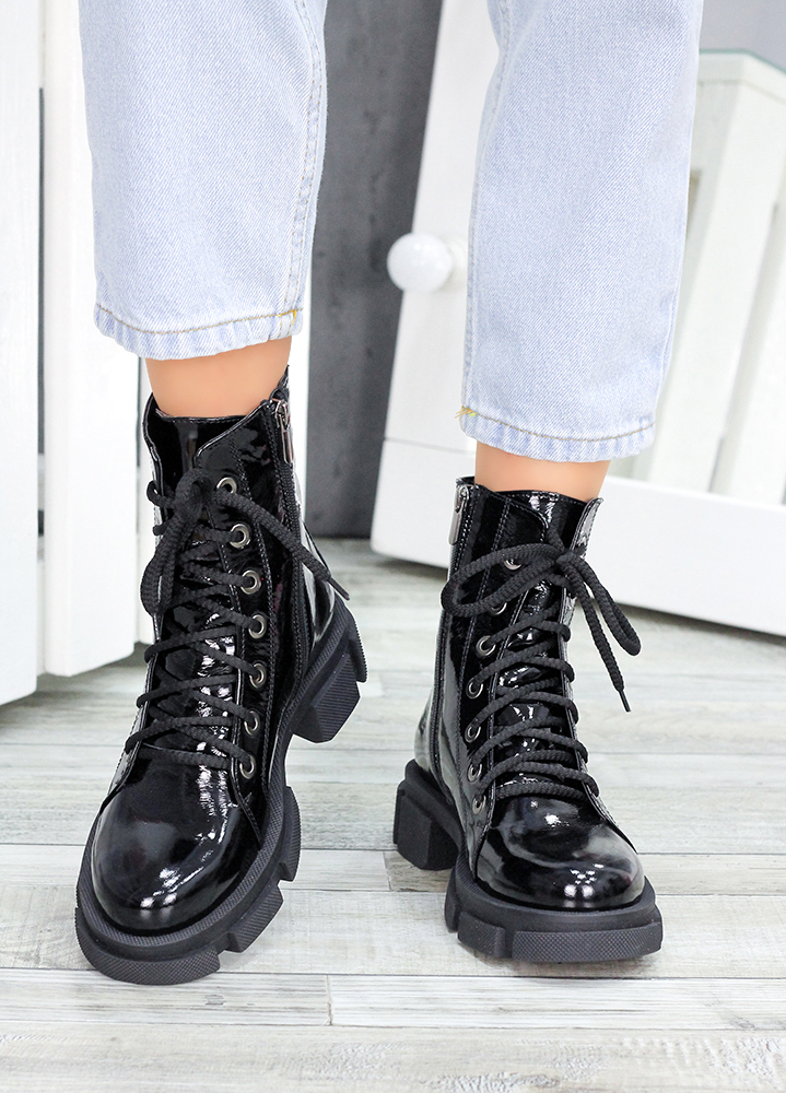 Ботинки берцы женские лак кожа черные 7458-28