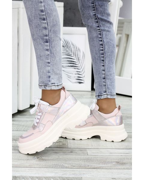 Кроссовки пудра кожа высокая подошва 7604-28