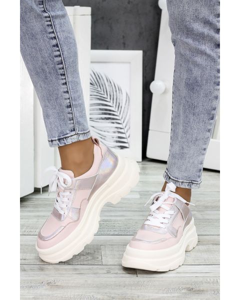 Кроссовки пудра кожа высокая подошва 7604-28