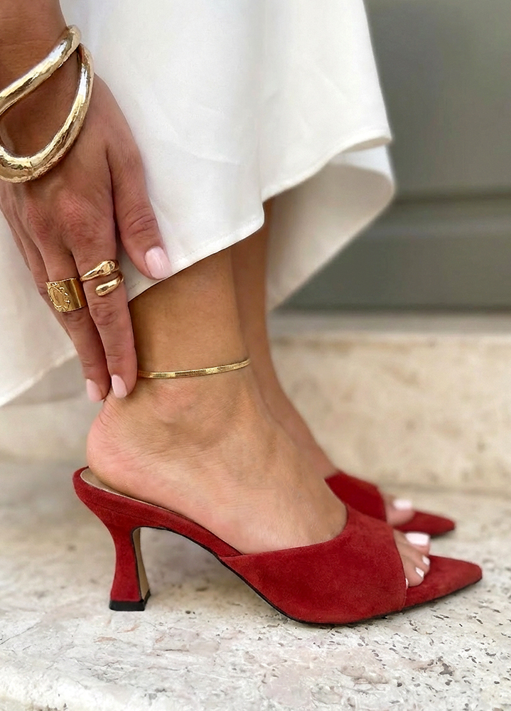 Шльопанці мюлі на маленькому підборі червона замша 8610-28