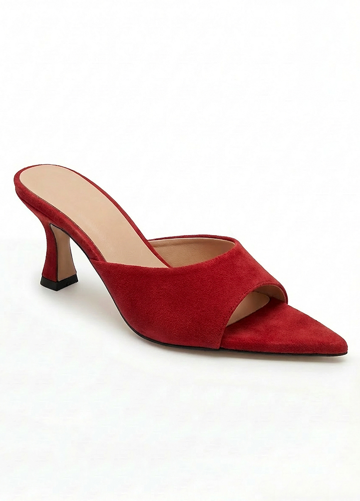 Шльопанці мюлі на маленькому підборі червона замша 8610-28