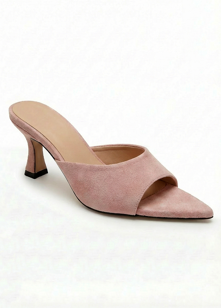 Шльопанці мюлі на маленькому підборі рожеві замша 8612-28