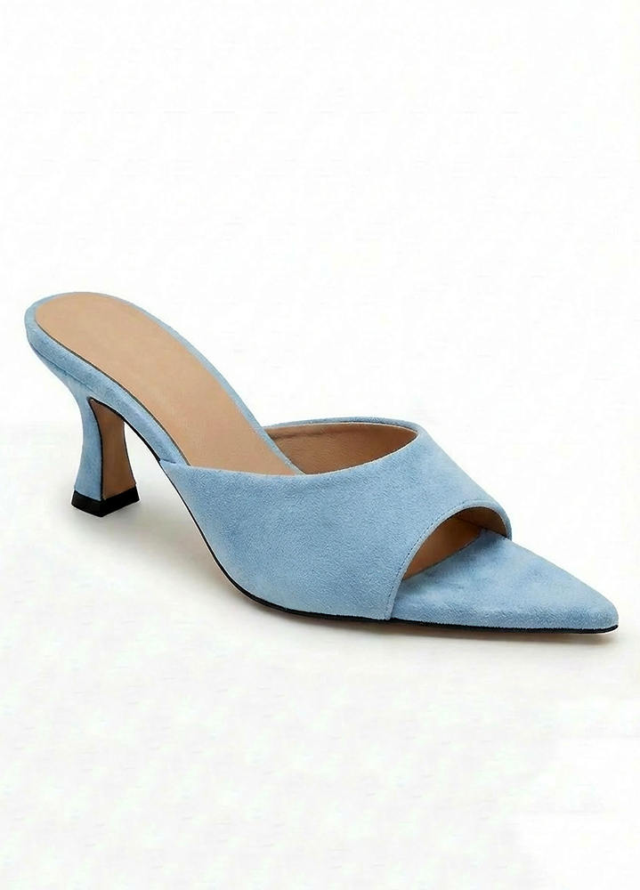 Шльопанці мюлі на маленькому підборі блакитні замша 8613-28