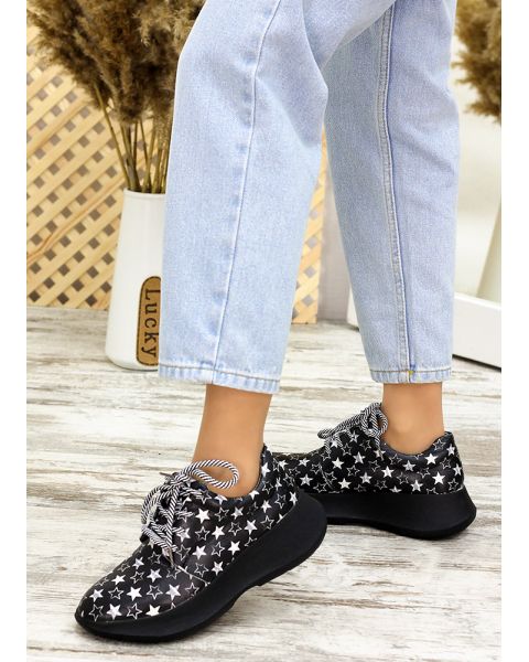 Кроссовки черная кожа звезды 7714-28