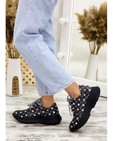 Кроссовки черная кожа звезды 7714-28