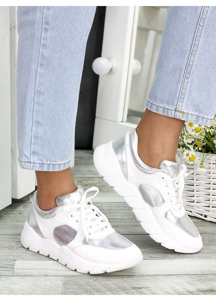 Кроссовки кожа Balenc!aga серебро 7447-28