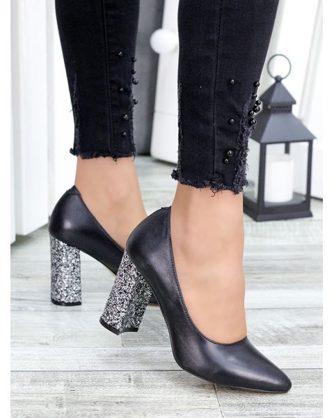 Туфли женские кожаные черные блестки на каблуке  7441-28