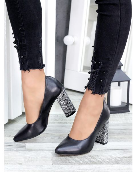 Туфли женские кожаные черные блестки на каблуке  7441-28