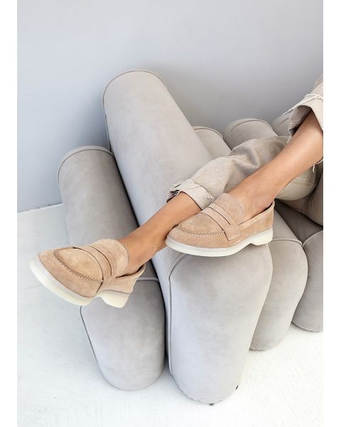 Туфли лоферы женские замшевые бежевые Лоро Piana 8105-28