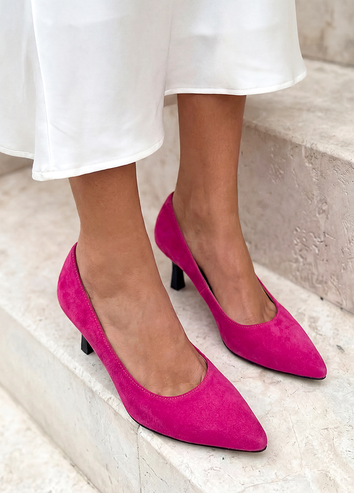 Туфлі човники на маленькій шпильці фуксія замша 8628-28