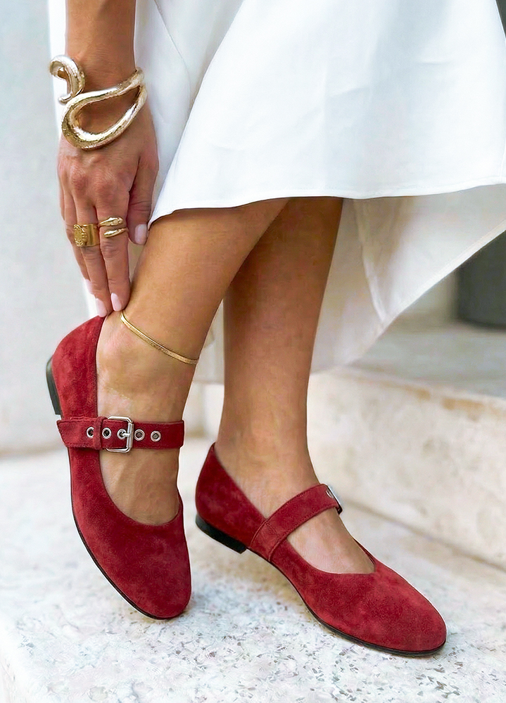 Туфли Mary Jane с ремешком красная замша 8641-28