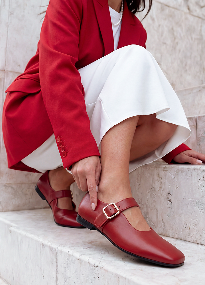 Туфли балетки красные кожа квадратный мыс 8648-28